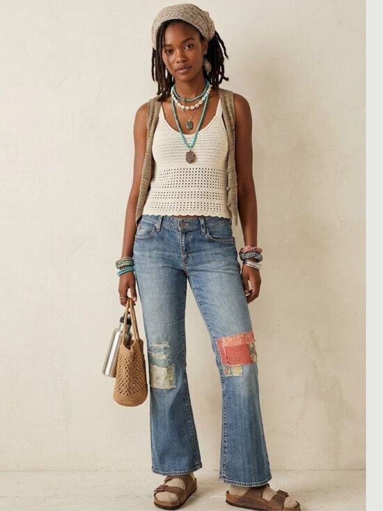 Eddie Bauer Denim - EDDIE BAUER Upcycled Patchwork Y2K Bootcut Jeans Womens M Granola Boho Earthy